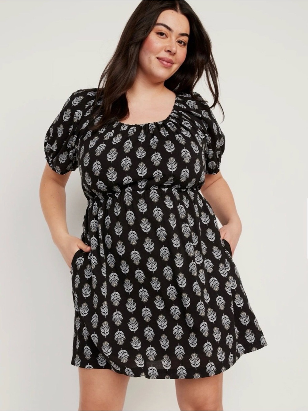 Old Navy Black White Leaf Print Puff Sleeve Open Tie Back Swing Dress - L